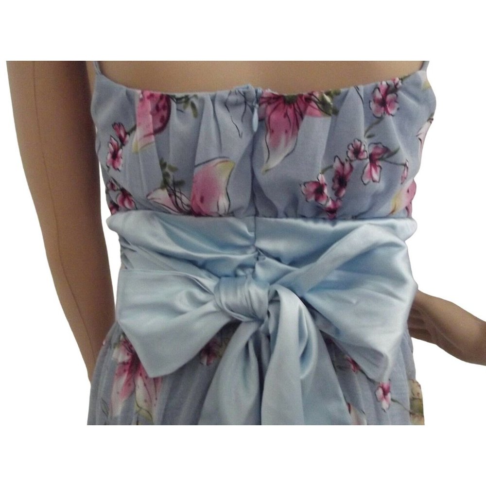 Fredericks Small Blue Pink Floral Ruched Bodice Dress belt cherry blossoms lily - Picture 5 of 8